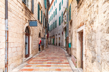 Narrow European street in the Old Town of Kotor, Montenegro