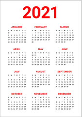 Calendar year 2021 calendar vector design template, simple and clean design