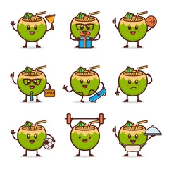 Fotobehang set of cute coconuts with different facial expressions vector. Cartoon character with many expressions of coconut © Ninda