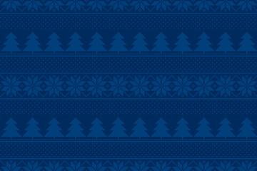 Winter Holiday Pixel Pattern with Christmas Trees and Snowflakes Ornament. Vector Seamless Holiday Design Background in Shades of Blue Color.