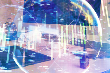 Naklejka premium Multi exposure of business theme icons and work space with computer background. Concept of success.