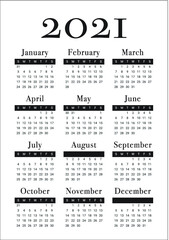 Calendar year 2021 calendar vector design template, simple and clean design