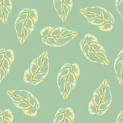 Seamless doodle pattern with simple monstera yellow shapes. Light green background. Tropical palm foliage artwork.