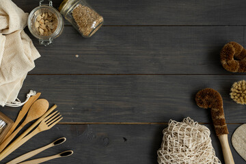 Zero waste kit. Set of eco friendly bamboo cutlery and cleaning brushes, mesh cotton bags, glass...