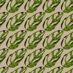 Decorative seamless pattern with doodle monstera leaves ornament. Beige background. Green tropical foliage print.