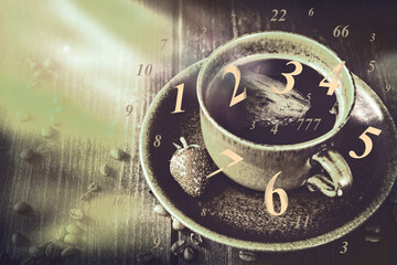 Cup of black coffee and numbers, numerology
