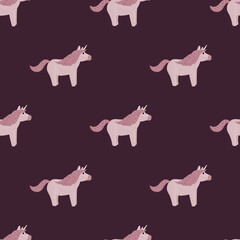 Fantasy seamless doodle pattern with unicorn simple ornament. Dark artwork with maroon tones background.