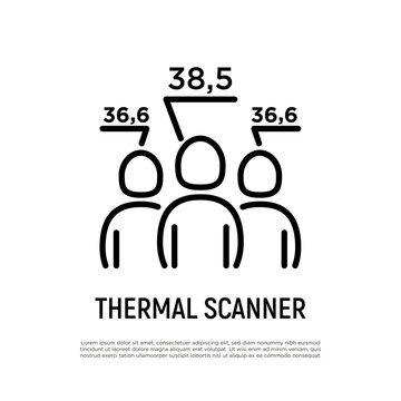 Thermal Scan Temperature Of People's Group. Detection Of Covid-19., Measuringof Fever. Thin Line Icon, Vector Illustration.