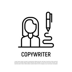 Copywriter thin line icon. Girl with pencil. Blogging, review, storytelling, writing articles. Vector illustration.