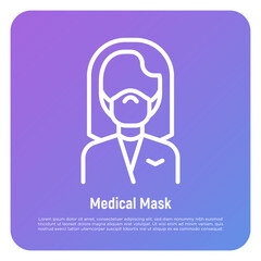 Employee in medical mask, protection from airborne disease, coronavirus, grippe. Thin line icon. Medical equipment. Modern vector illustration.