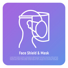 Surgical mask and face shield thin line icon. Protection for doctor. Transparent plastic mask. New normal. Vector illustration.