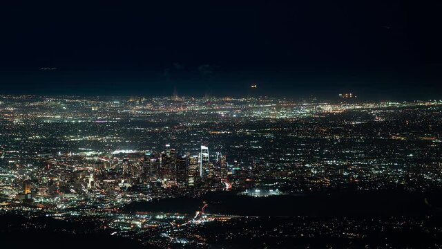 Los Angeles Downtown and LAX Airport Sky Traffic Pan Left Night Time Lapse California USA