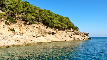 Fototapeta na wymiar Rock with trees on the shore of the Mediterranean Sea