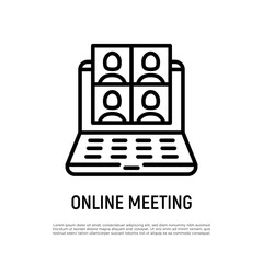 Online meeting thin line icon. Video call on laptop, a few people talking. Webinar, online confetence, distant learning. Vector illustration.