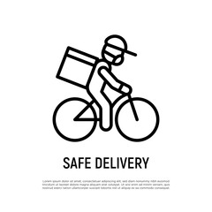 Safety food delivery thin line icon: man on bicycle with parcel box on the back in medical mask and protective gloves. Covid-19 prevention. New normal. Vector illustration.