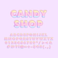 Candy shop vintage 3d vector alphabet set. Retro bold font, typeface. Pop art stylized lettering. Old school style letters, numbers, symbols pack. 90s, 80s creative typeset design template
