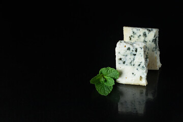 blue cheese gorgonzola or dorblu roquefort, cambozola, stilton healthy ingredient snack cheese plate top view copy space for text food background rustic
