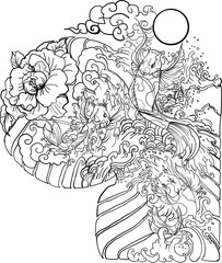 Japanese koi fish tattoo for chest and upper arm. Koi carp with water splash and peony flower tattoo.