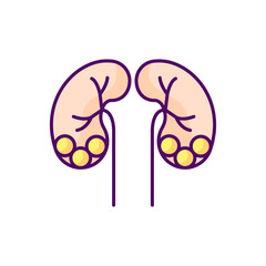 Kidney stone disease RGB color icon. Dissolved minerals and salts. Urolithiasis. Blocked ureter. Waste products in blood. Bladder. Urinary tract. Small pebbles. Isolated vector illustration