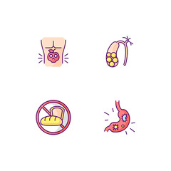 Discomfort in abdomen RGB color icons set. Food poisoning. Gallstones. Gluten intolerance. Stomach virus. Foodborne illness. Stomachache. Viral gastroenteritis. Isolated vector illustrations