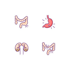 Abdominal pain RGB color icons set. Constipation. Gastritis. Kidney stones. Irritable bowel syndrome. Urolithiasis. Stomach ulcer. Bowel movements. Hemorrhoids. Isolated vector illustrations