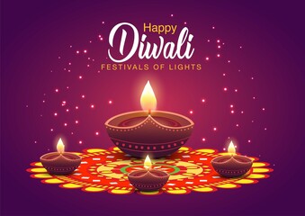 happy diwali greetings.  diya decoration with Rangoli design. vector illustration  © Arun