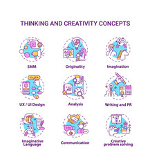 Thinking and creativity concept icons set. Social media marketing work. Creative problem solving idea thin line RGB color illustrations. Vector isolated outline drawings. Editable stroke
