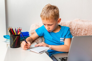Little young school boy working at home with a laptop and class notes studying in a virtual class.