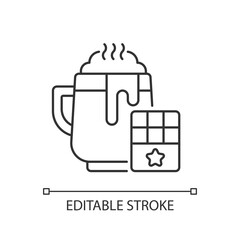 Hot chocolate linear icon. Warm coffee drink in mug. Sweet beverage with marshmallow. Thin line customizable illustration. Contour symbol. Vector isolated outline drawing. Editable stroke
