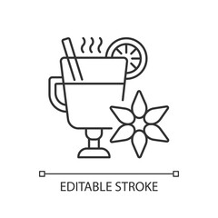 Mulled wine linear icon. Traditional holiday drink recipe. Wintertime beverage. Punch with spice. Thin line customizable illustration. Contour symbol. Vector isolated outline drawing. Editable stroke
