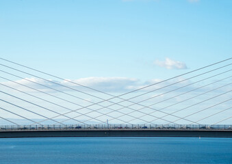 The new Queensferry Crossing Bridge, viewed from the west footpatch of the old Forth Road Bridge, showing the cable-stayed construction..