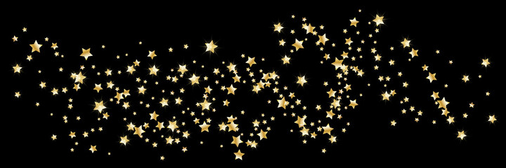 Confetti of shooting golden stars. Golden stars. Festive background, design cards, invitations. Abstract texture on a black background. Design element. Vector illustration, eps 10.
