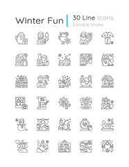 Winter fun linear icons set. Snow angel. Ice skating. Christmas holiday. Festive season. Customizable thin line contour symbols. Isolated vector outline illustrations. Editable stroke