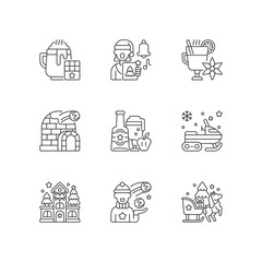 Winter season vacation linear icons set. Hot chocolate. Singing carol. Mulled wine. Christmas holiday. Customizable thin line contour symbols. Isolated vector outline illustrations. Editable stroke