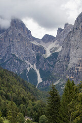 Dolomites, Brenta. Beautiful foggy day in cold summer day in Moveno, Italy