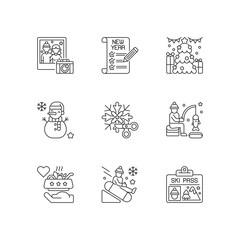 Festive holiday linear icons set. New Year resolution. Christmas time. Winter season entertainment. Customizable thin line contour symbols. Isolated vector outline illustrations. Editable stroke