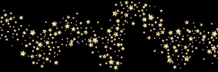 Confetti of shooting golden stars. Golden stars. Festive background, design cards, invitations. Abstract texture on a black background. Design element. Vector illustration, eps 10.