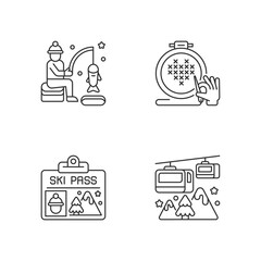 Winter seasonal activity linear icons set. Ice fishing. Cross stitching. Ski pass. Festive holiday. Customizable thin line contour symbols. Isolated vector outline illustrations. Editable stroke
