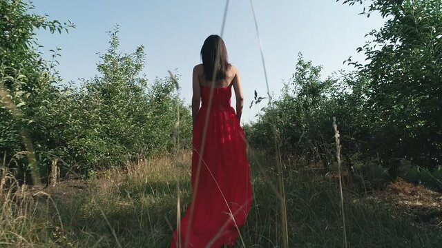 A beautiful Caucasian girl in a red dress walks through the green garden. Dress Folds Out Of The Wind