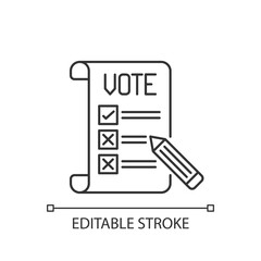 Voting ballot linear icon. Collective decision. Participation in democratic process. Thin line customizable illustration. Contour symbol. Vector isolated outline drawing. Editable stroke