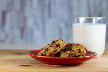 Chocolate Chip Cookies on red plate and Milk