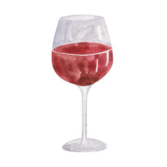 Watercolor illustration of a glass of red wine on a white background. Alcoholic drink.
