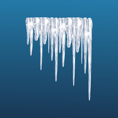Obraz na płótnie Canvas Set of snowy elements,icicles and caps on winter background. Winter seasonal decorations. Vector template in realistic style.