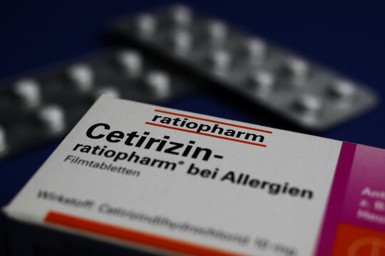 Viersen, Germany - July 9. 2020: Closeup of isolated box with antihistamines tablets Cetirizin