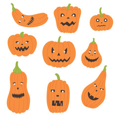 Set of orange halloween pumpkins. Vector bundle of scary pumpkin faces