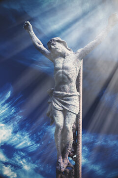 Dramatic image of crucifixion of Jesus Christ. Very old and ancient iron destroyed statue.