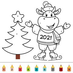Cute cartoon cow. Vector illustration with bull, symbol of the Chinese new year 2021. Cow on ice. Coloring pages.