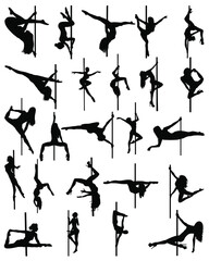 Pole dancer silhouettes. Set of Pole dancer. Collection silhouettes of pole dancer. Bundle pole dancer. Women silhouettes. Vector illustration.