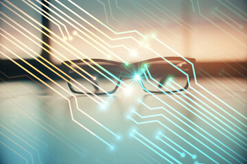Data tech hologram with glasses on the table background. Concept of technology. Double exposure.