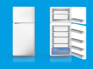 Refrigerator Fridge realistic set of isolated cold storage units with open and closed door vector illustration